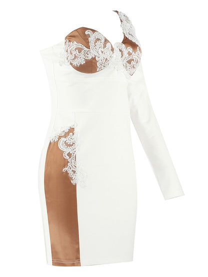 One Shoulder Lace Applique Mesh Panel Asymmetric Hem Mini Dress