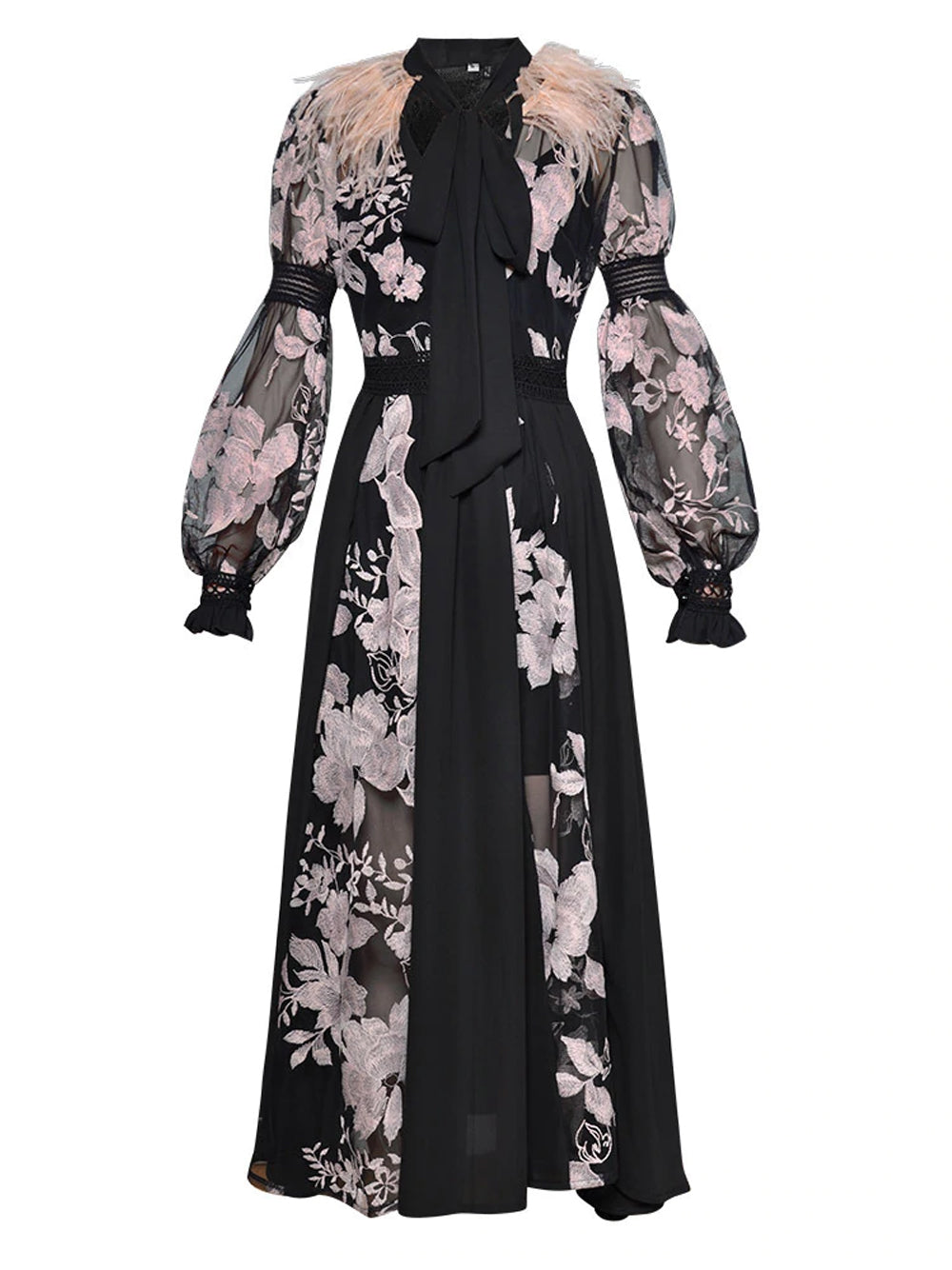 Feather Trim Mock Neck Floral Embroidered Sheer Mesh Long Sleeve Midi Dress