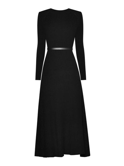 Crew Neck Rib Knit Long Sleeve Belted Ombre Pleated Inset Midi Dress