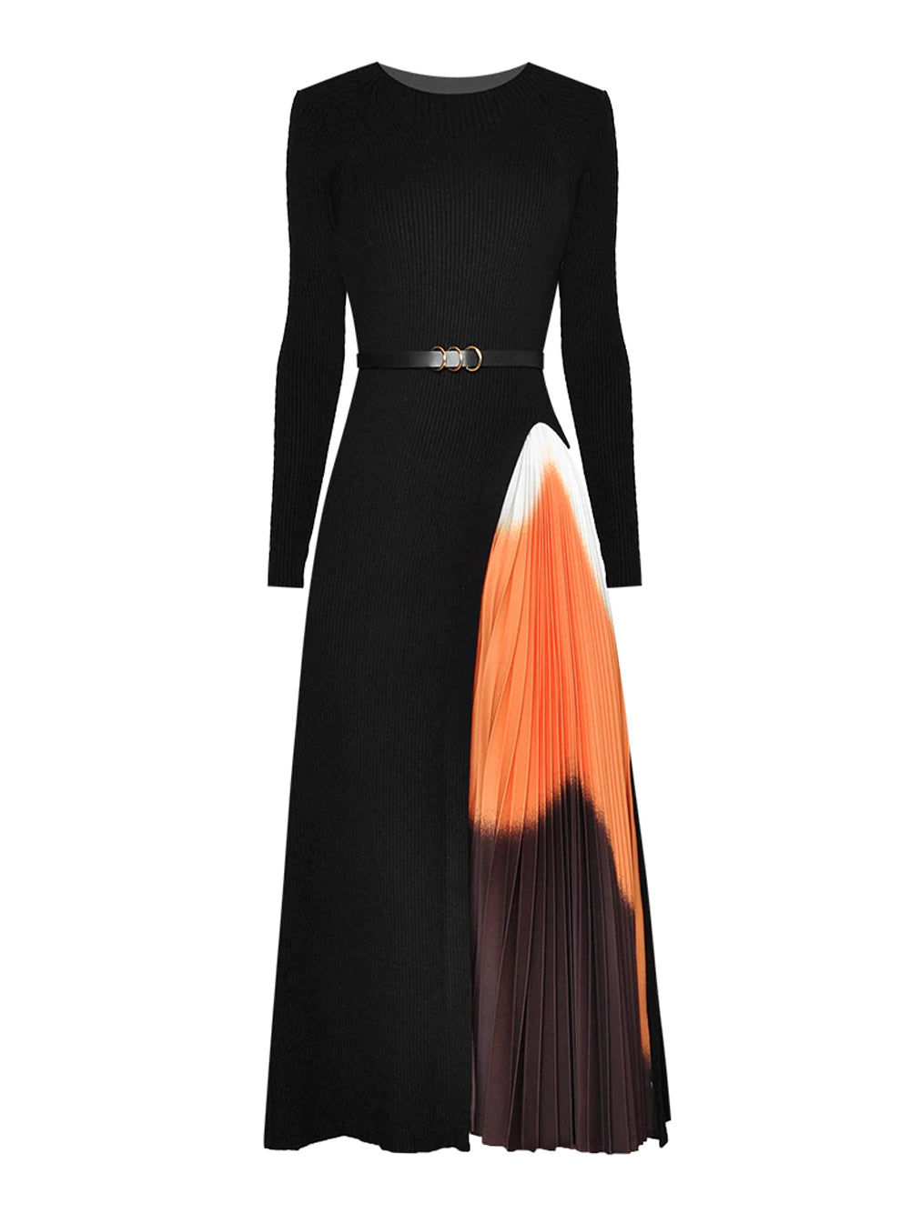 Crew Neck Rib Knit Long Sleeve Belted Ombre Pleated Inset Midi Dress