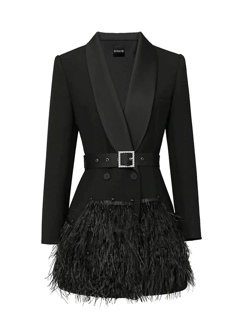 Shawl Lapel Long Sleeve Crystal Buckle Belt Feather Trim Blazer Mini Dress