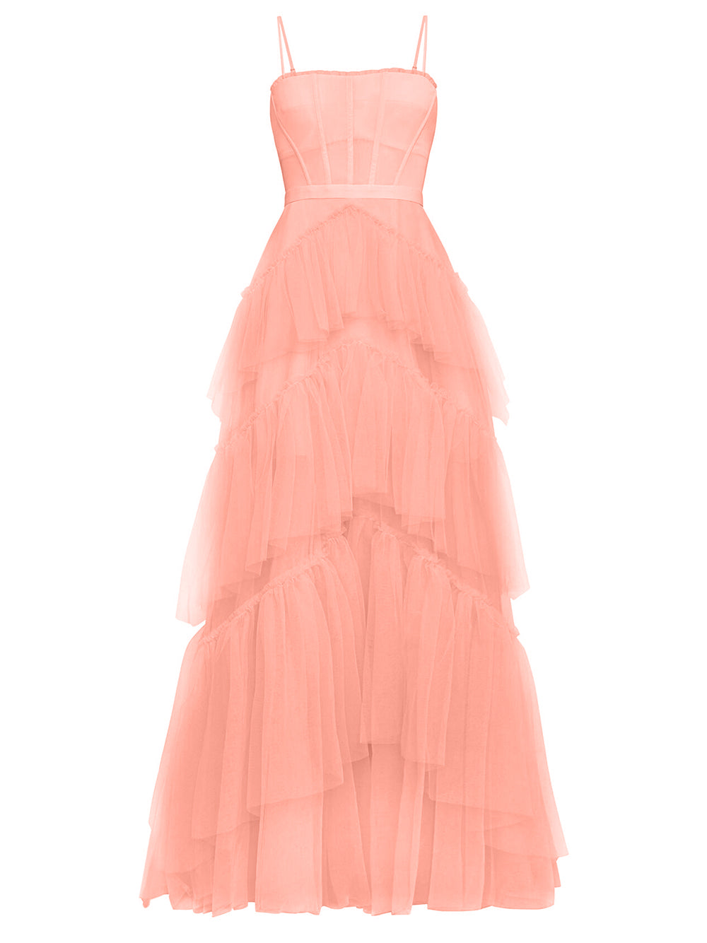 Spaghetti Strap Corset Sweetheart Ruffle Trim Chevron Tiered Tulle Maxi Dress