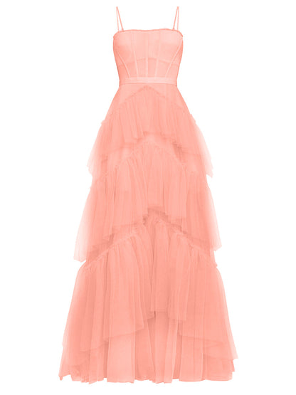 Spaghetti Strap Corset Sweetheart Ruffle Trim Chevron Tiered Tulle Maxi Dress