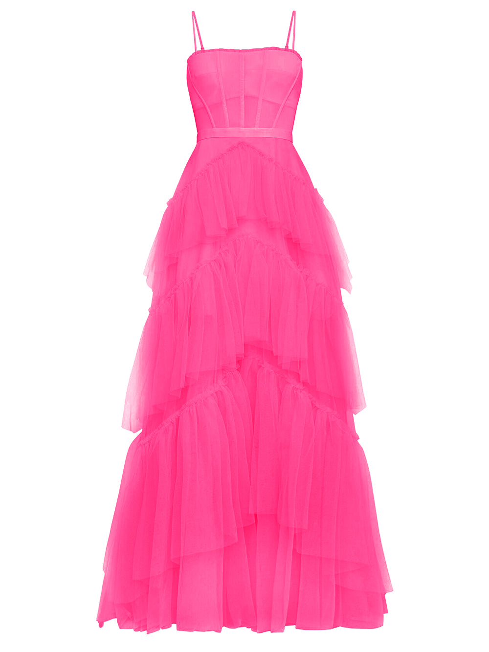 Spaghetti Strap Corset Sweetheart Ruffle Trim Tiered Tulle Maxi Dress