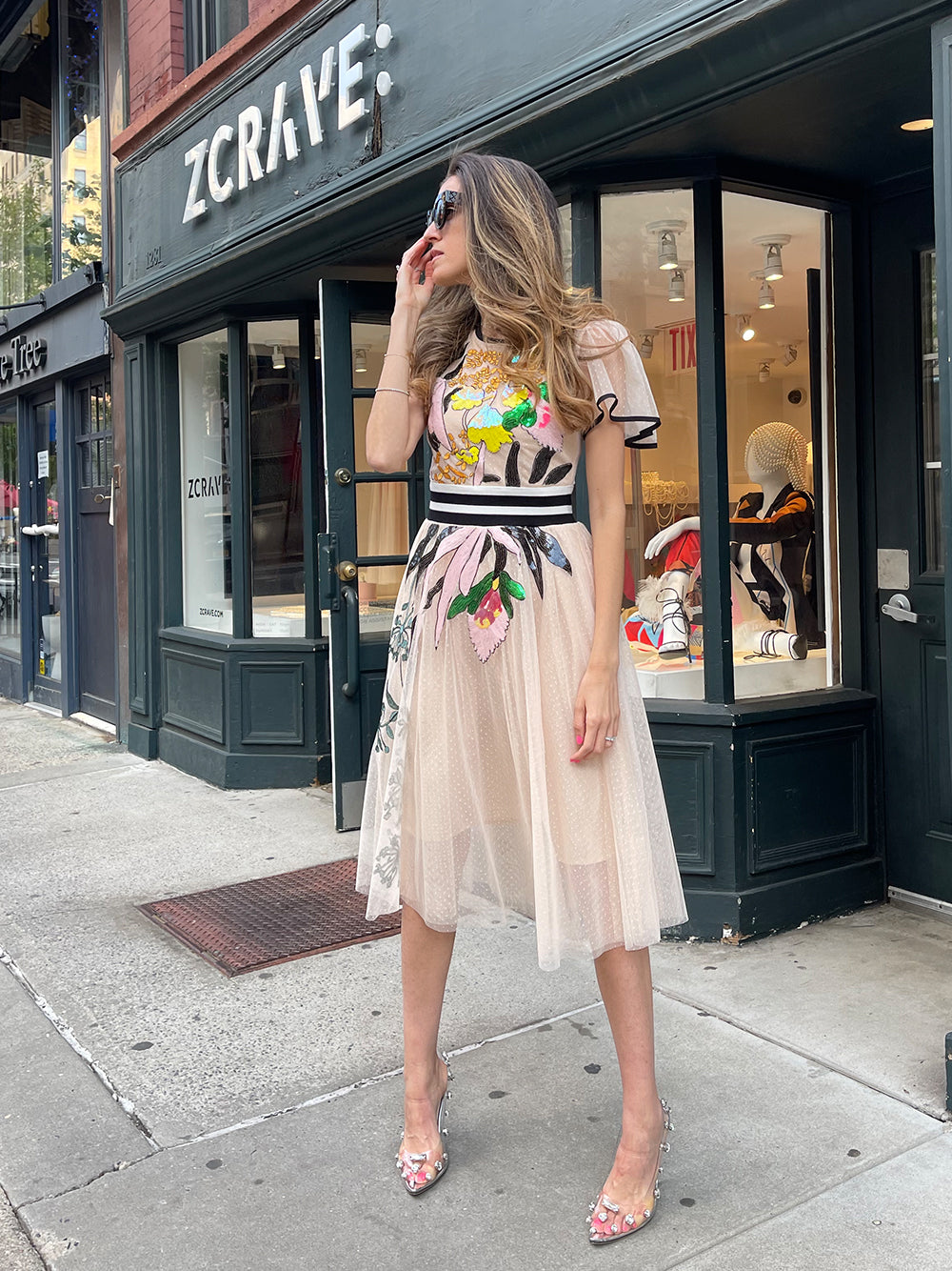 Round Neck Flutter Sleeve Stripe Waistband Floral Tulle Midi Dress