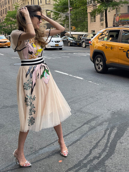 Round Neck Flutter Sleeve Stripe Waistband Floral Tulle Midi Dress