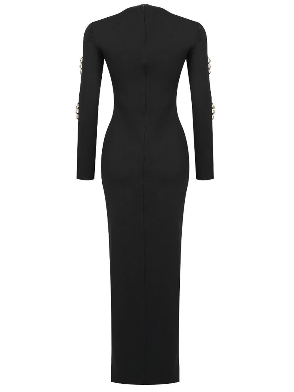 Deep V Neck Padded Shoulder Chain Link Cutout Dual Slit Maxi Gown