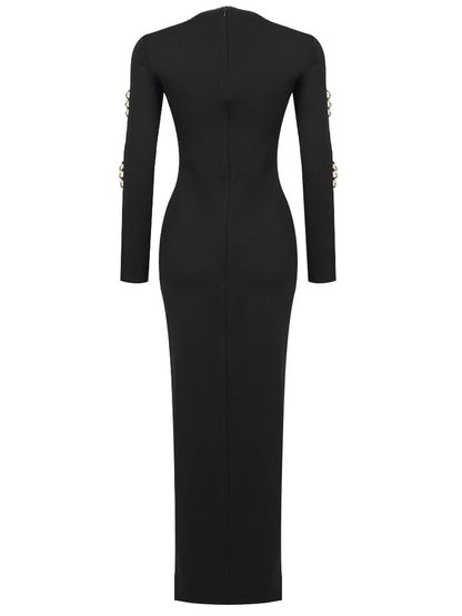 Deep V Neck Padded Shoulder Chain Link Cutout Dual Slit Maxi Gown