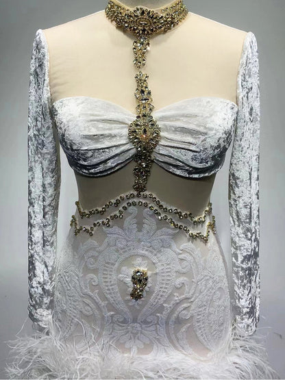 Crystal Choker Velvet Mesh Lace Feather Hem Mini Dress