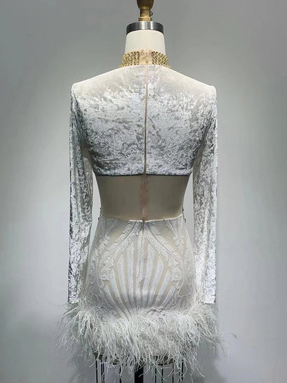 Crystal Choker Velvet Mesh Lace Feather Hem Mini Dress