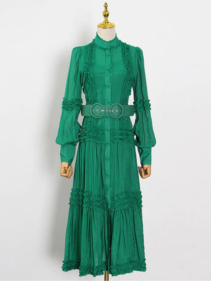 Mock Neck Ruffle Trim Double Buckle Belt Tiered Button Midi Dress