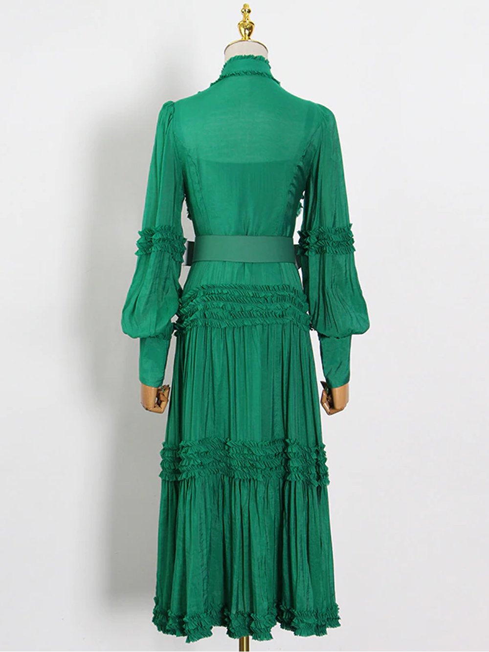 Mock Neck Ruffle Trim Double Buckle Belt Tiered Button Midi Dress