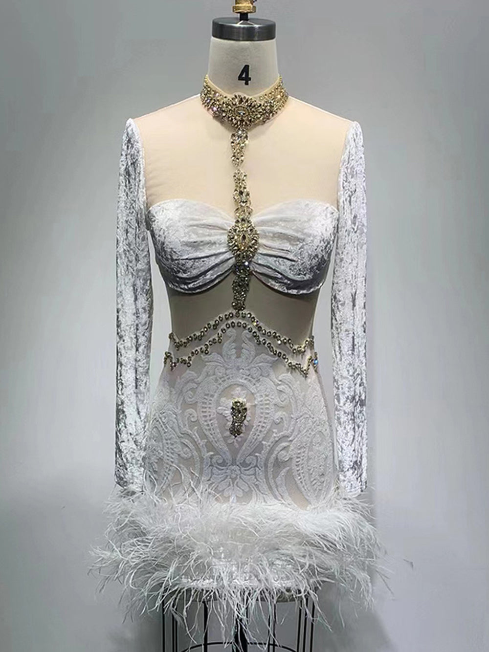 Crystal Choker Velvet Mesh Lace Feather Hem Mini Dress