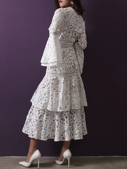High Neck Bell Sleeve Tiered Lace Floral Midi Dress