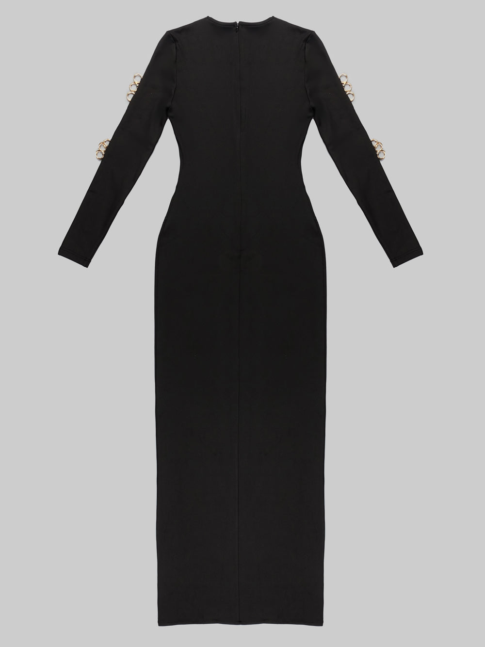 Deep V Neck Padded Shoulder Chain Link Cutout Dual Slit Maxi Gown