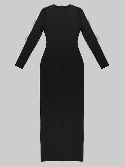 Deep V Neck Padded Shoulder Chain Link Cutout Dual Slit Maxi Gown