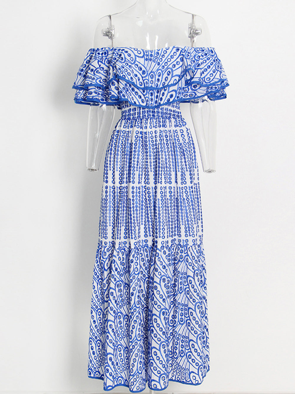 Off Shoulder Eyelet Paisley Print Tiered Maxi Dress