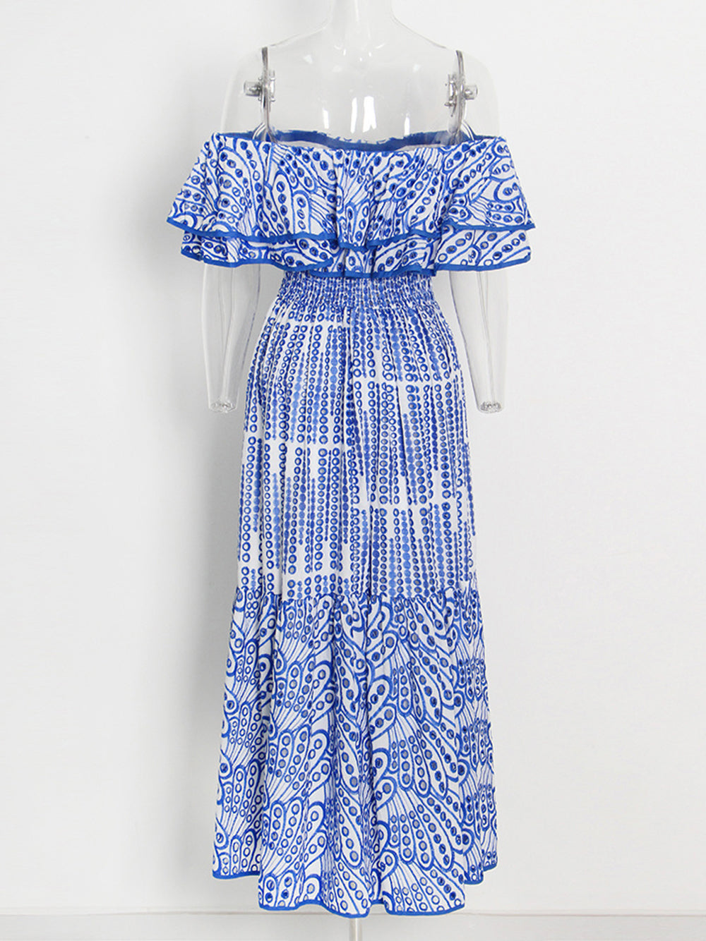 Off Shoulder Eyelet Paisley Print Tiered Maxi Dress