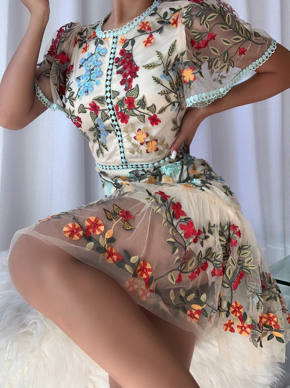 Round Neck Crochet Trim Floral Embroidered Mesh High Slit Midi Dress