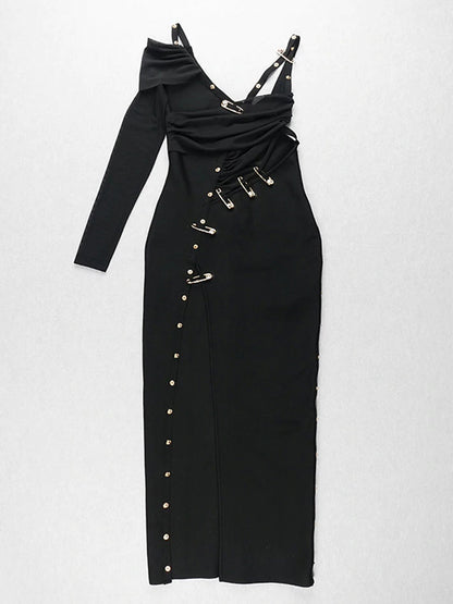 One Shoulder Ruched Cutout Side Slit Satin Maxi Dress