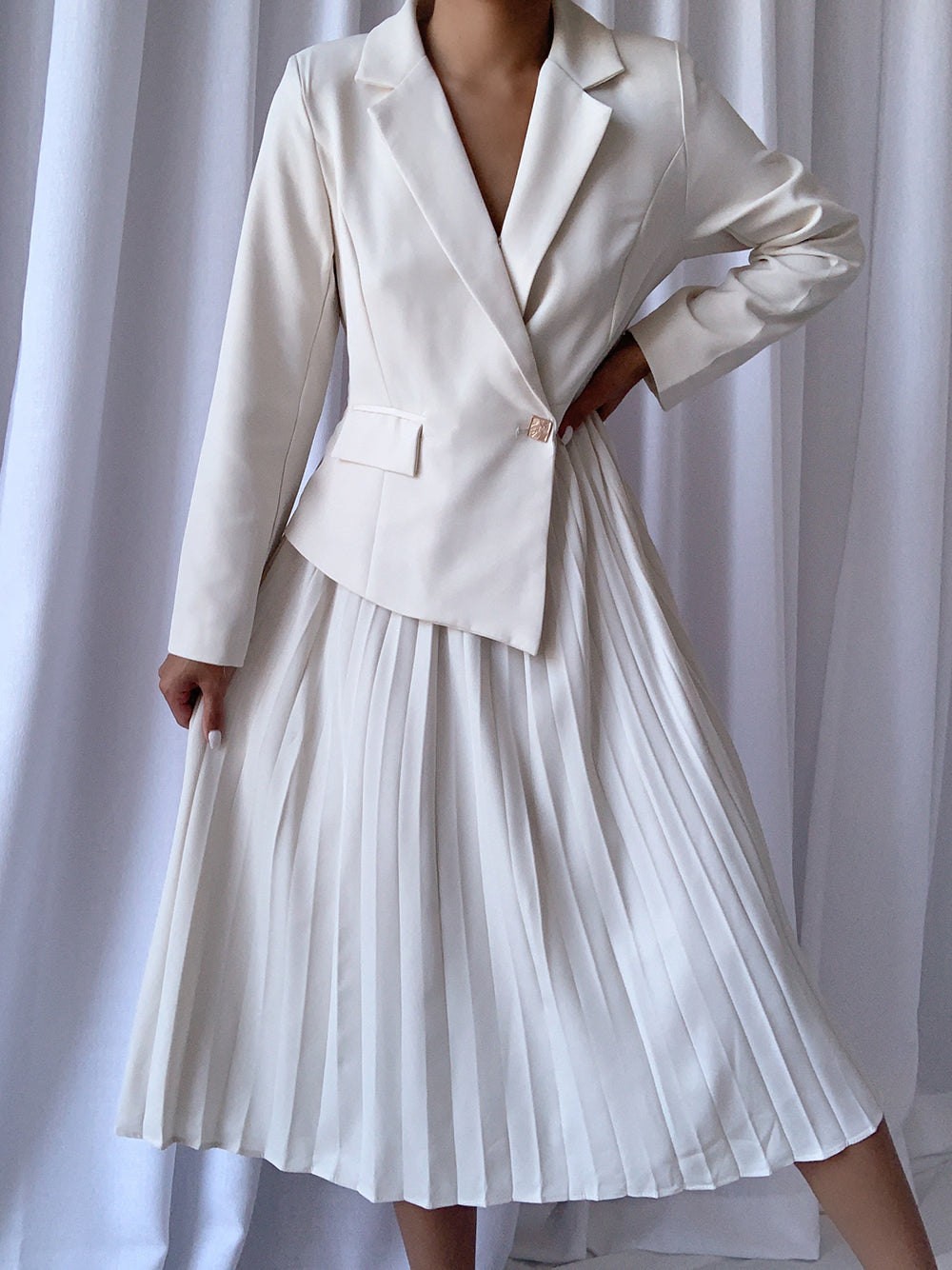 Notched Lapel Long Sleeve Button Front Blazer Pleated Midi Dress