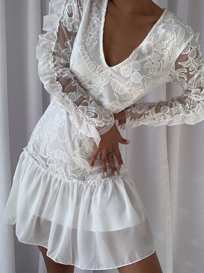 Deep V Neck Floral Lace Long Sleeve Chiffon Ruffle Hem Mini Dress