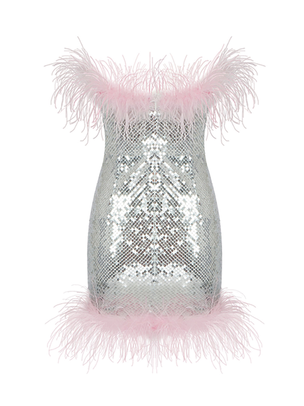 Strapless All Over Sequin Feather Trim Neckline and Hem Mini Dress