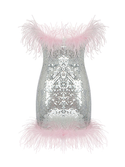 Strapless All Over Sequin Feather Trim Neckline and Hem Mini Dress