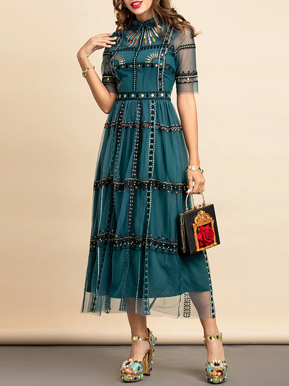 Collared Fan Motif Embroidered Mesh Studded Waistband Scalloped Lace Gown