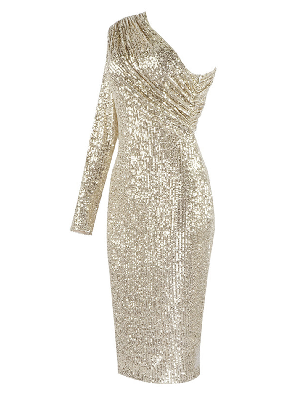 One Shoulder Long Sleeve Ruched Sequin Midi Dress