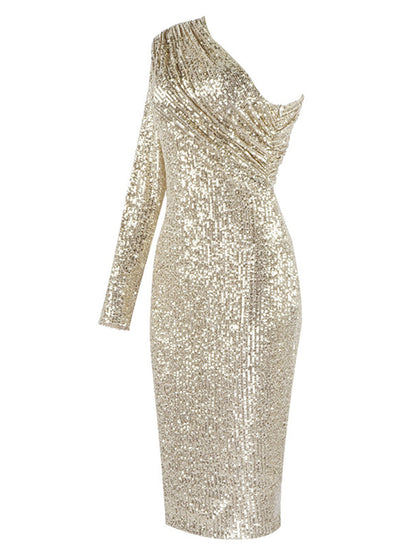 One Shoulder Long Sleeve Ruched Sequin Midi Dress