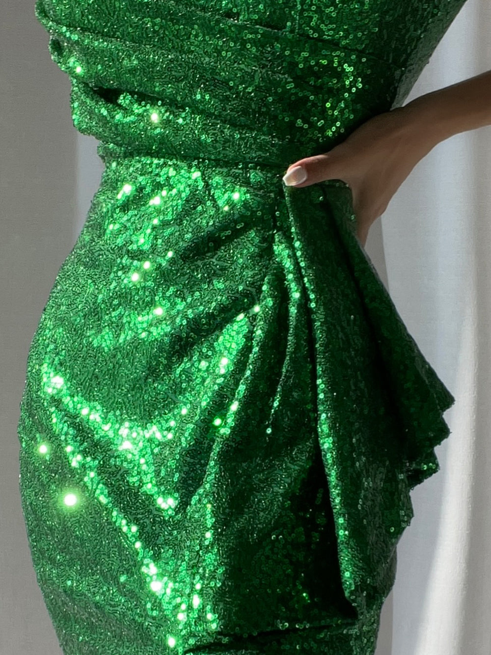 Off Shoulder Ruched Draped Sash Sequin Slit Midi Dress