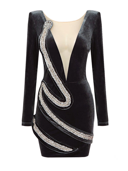 Velvet Long Sleeve Mesh Panel Rhinestone Snake Bodycon Mini Dress