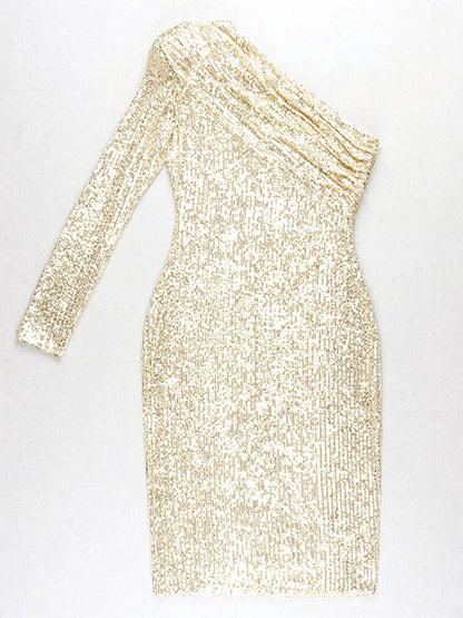 One Shoulder Long Sleeve Ruched Sequin Midi Dress