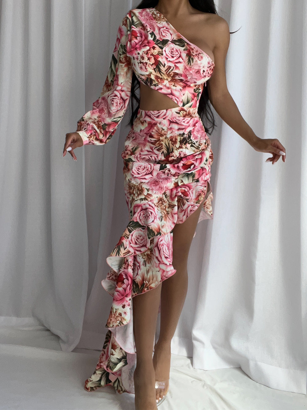 One Shoulder Waist Cutout Bodycon Midi Dress