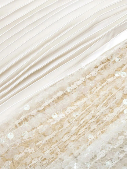 Spaghetti Strap Corset Mesh Panel Sequin Pleated Maxi Gown