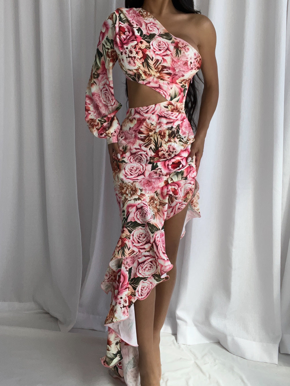 One Shoulder Waist Cutout Bodycon Midi Dress