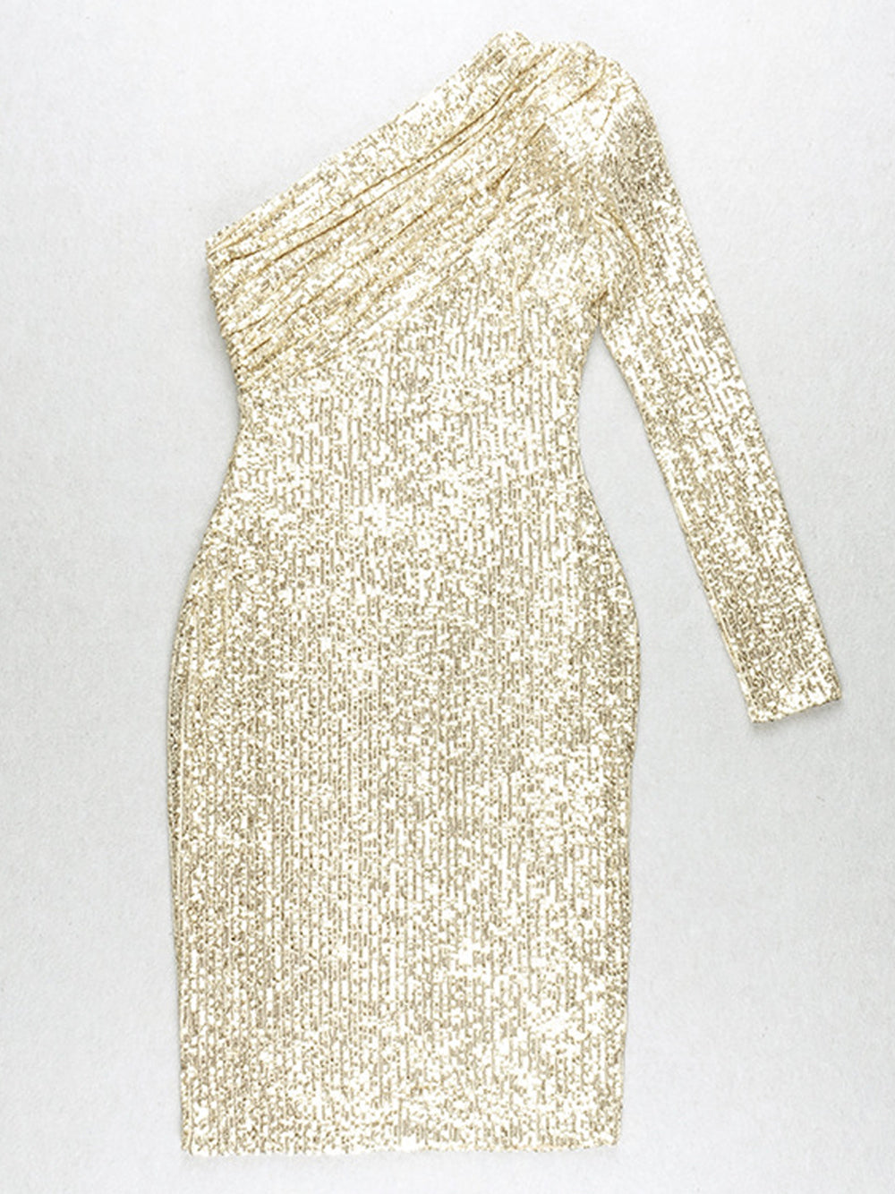One Shoulder Long Sleeve Ruched Sequin Midi Dress