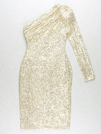 One Shoulder Long Sleeve Ruched Sequin Midi Dress