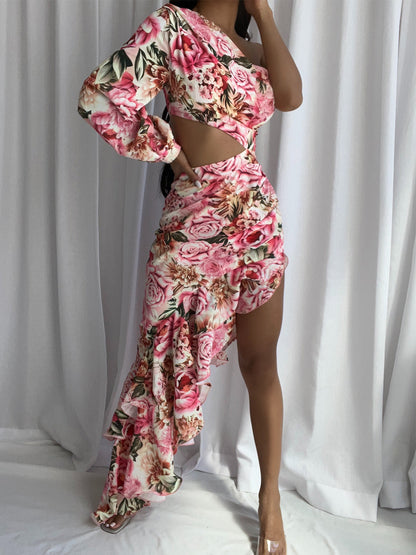 One Shoulder Waist Cutout Bodycon Midi Dress