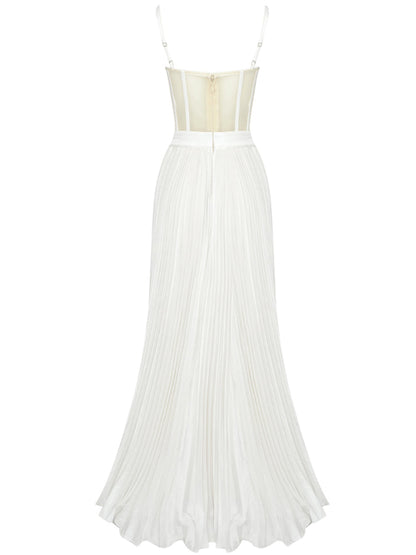 Spaghetti Strap Corset Mesh Panel Sequin Pleated Maxi Gown