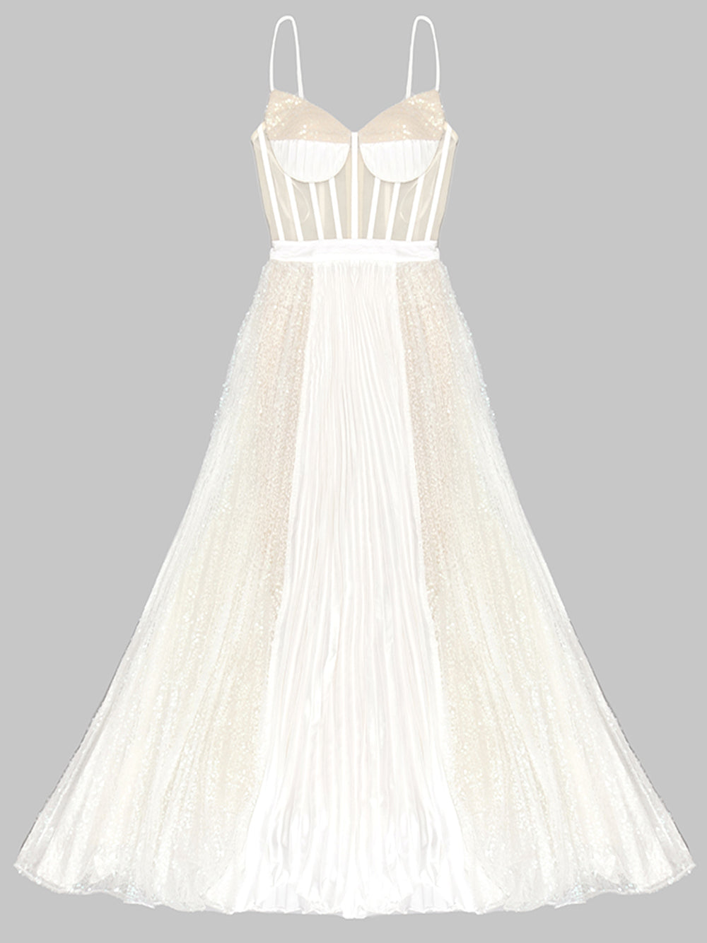 Spaghetti Strap Corset Mesh Panel Sequin Pleated Maxi Gown