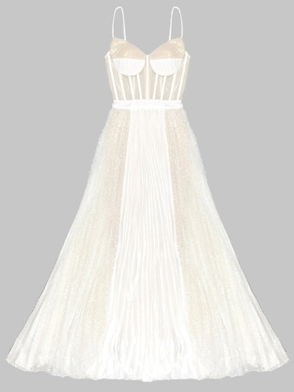 Spaghetti Strap Corset Mesh Panel Sequin Pleated Maxi Gown
