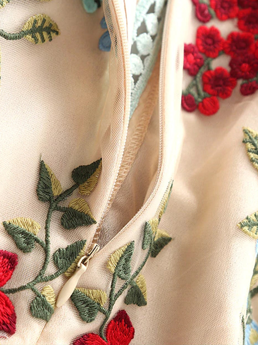 Round Neck Crochet Trim Floral Embroidered Mesh High Slit Midi Dress