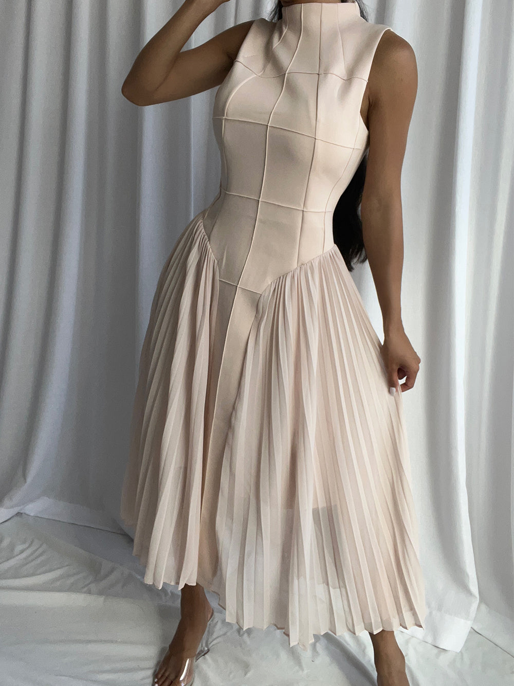 Mock Neck Grid Seam Bodice Dropped Point Waist Accordion Pleat Midi Dress