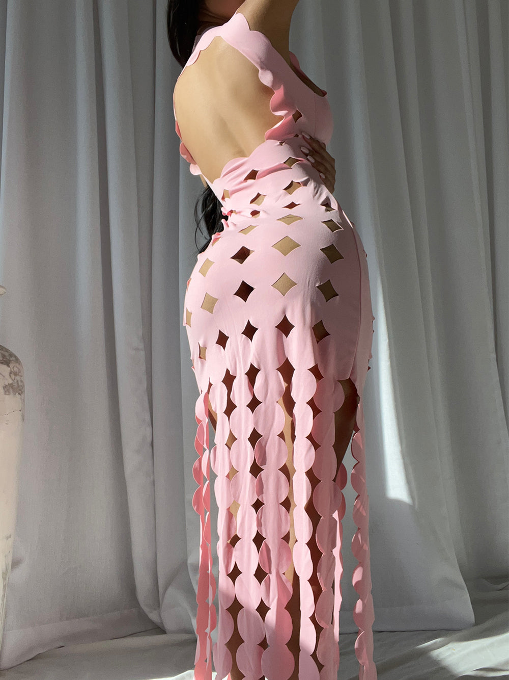 Pink Strapless Applique Fringe Tiered Maxi Dress