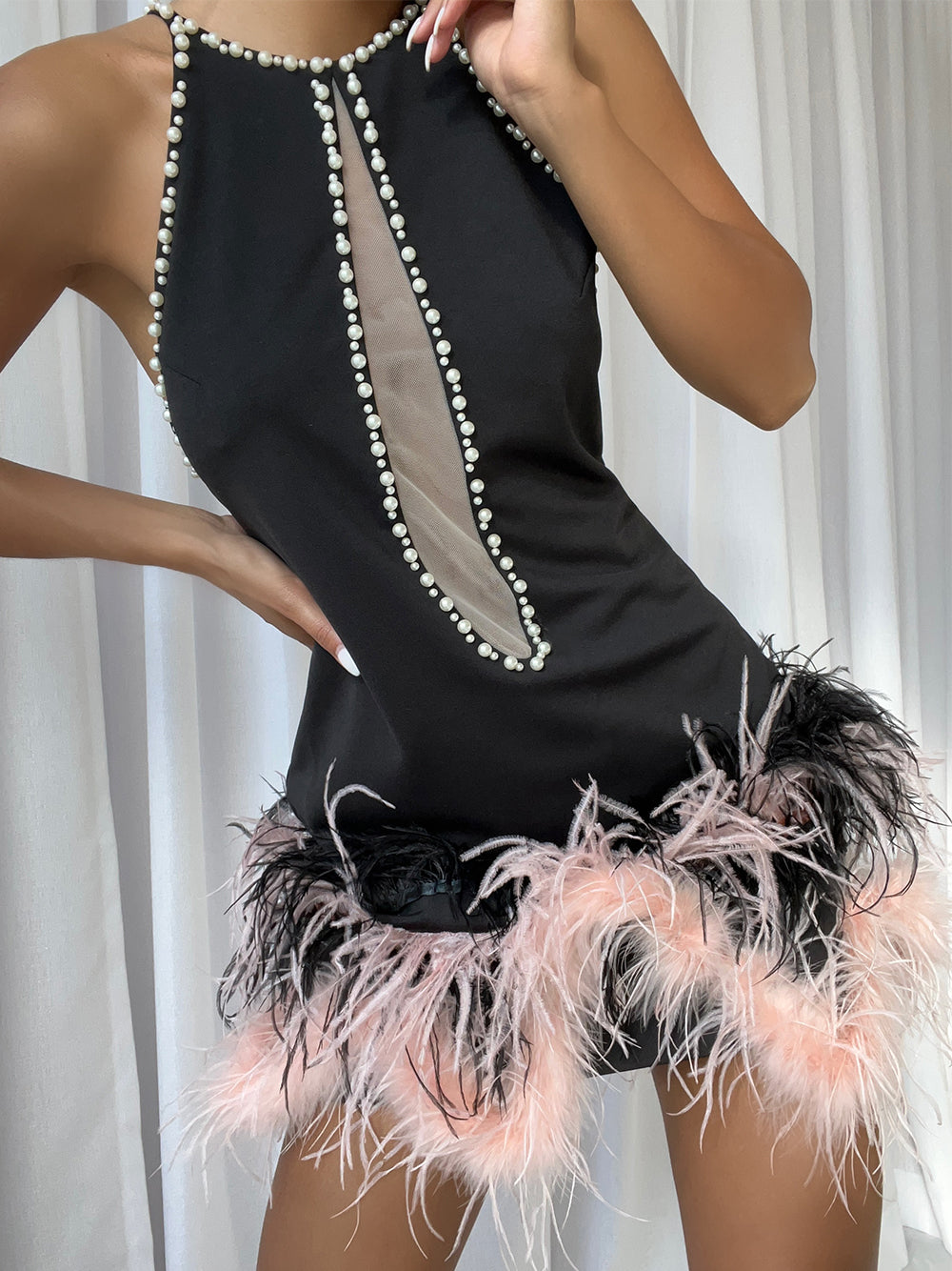 High Neck Pearl Trim Mesh Insert Feather Hem Bodycon Mini Dress