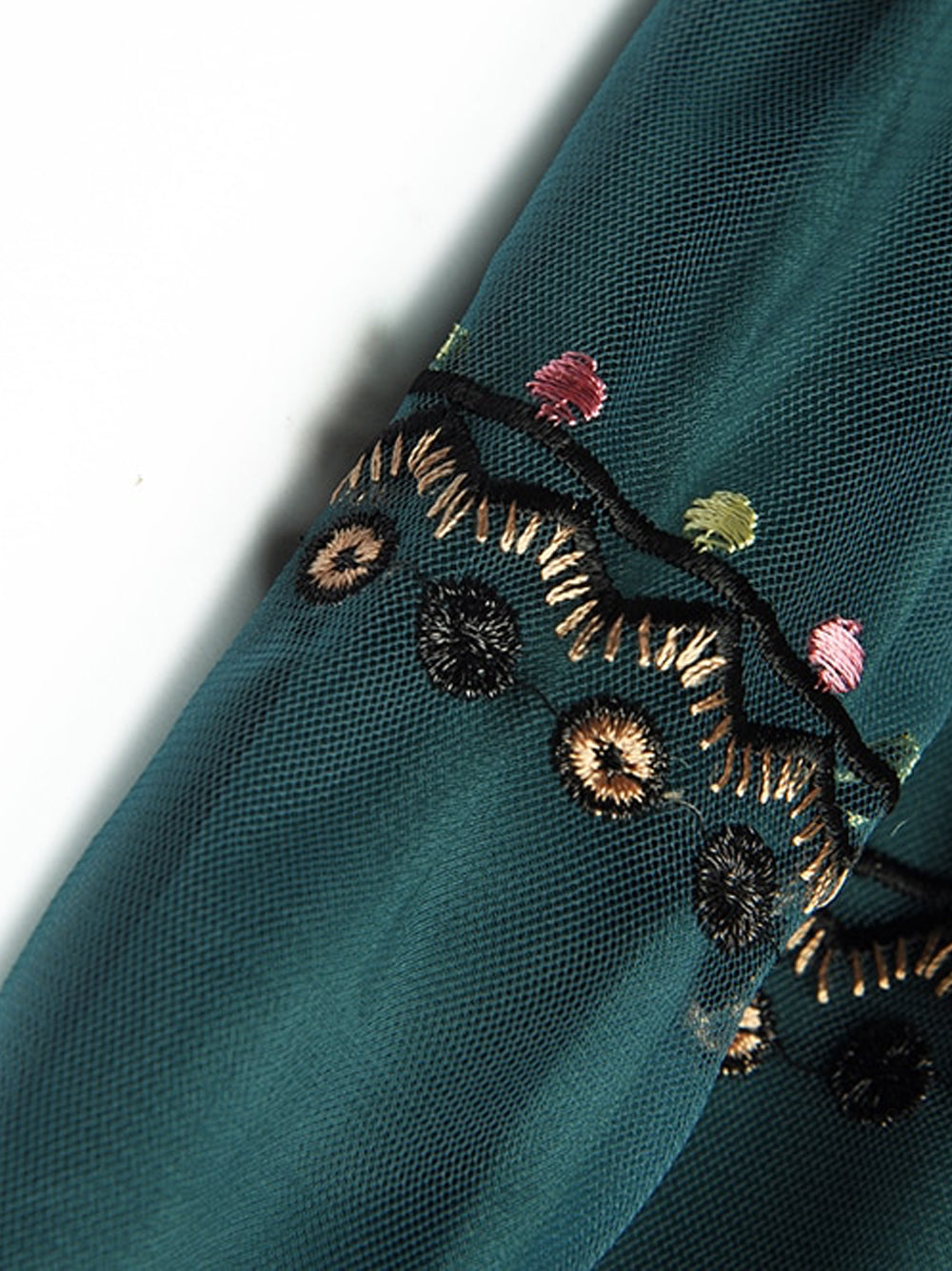 Collared Fan Motif Embroidered Mesh Studded Waistband Scalloped Lace Gown
