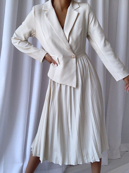 Notched Lapel Long Sleeve Belted Blazer Pleated Midi Dress
