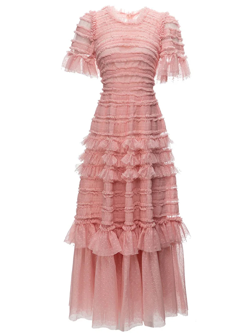 Round Neck Point D Esprit Cascading Ruffle Flared Sleeve Midi Dress